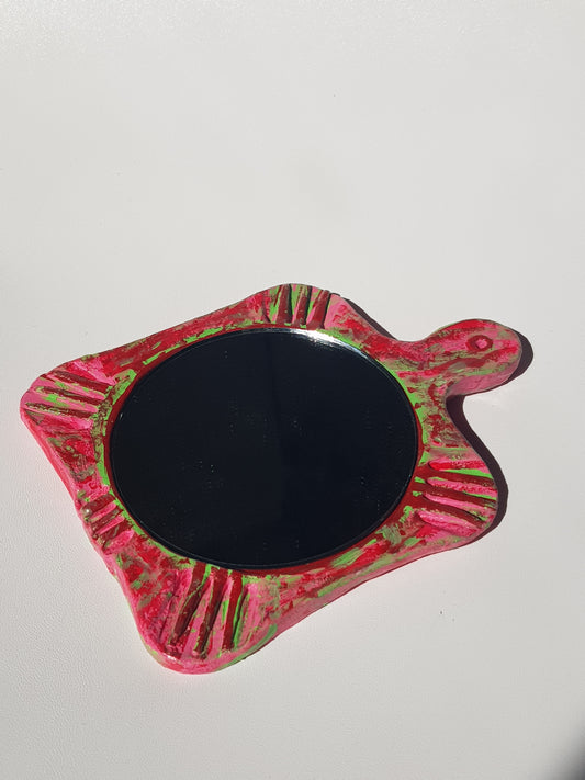 Handmade Air Dry Clay Mirror - Twine Hung, Pink Green Rustic