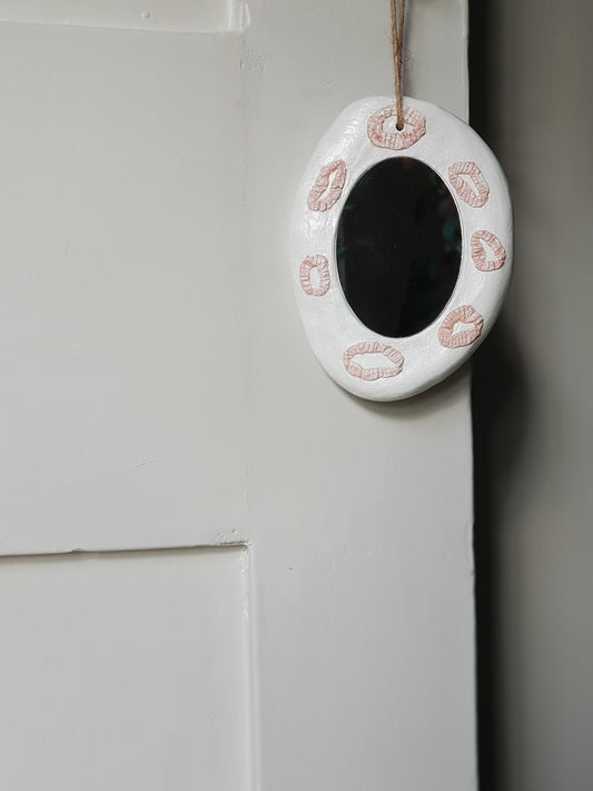 Handmade Air Dry Clay Mirror – Twine Hung, White with Terracotta Features