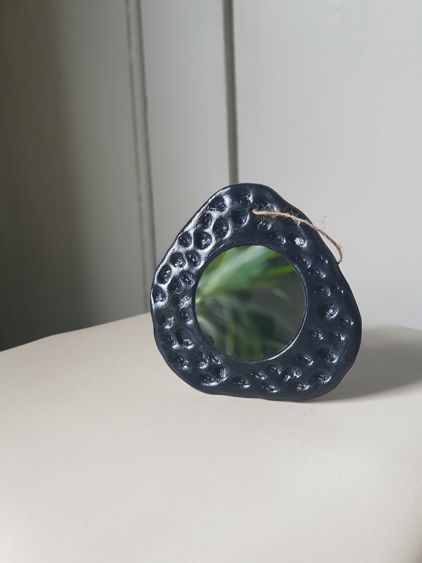 Handmade Air Dry Clay Mirror - Twine Hung, Black