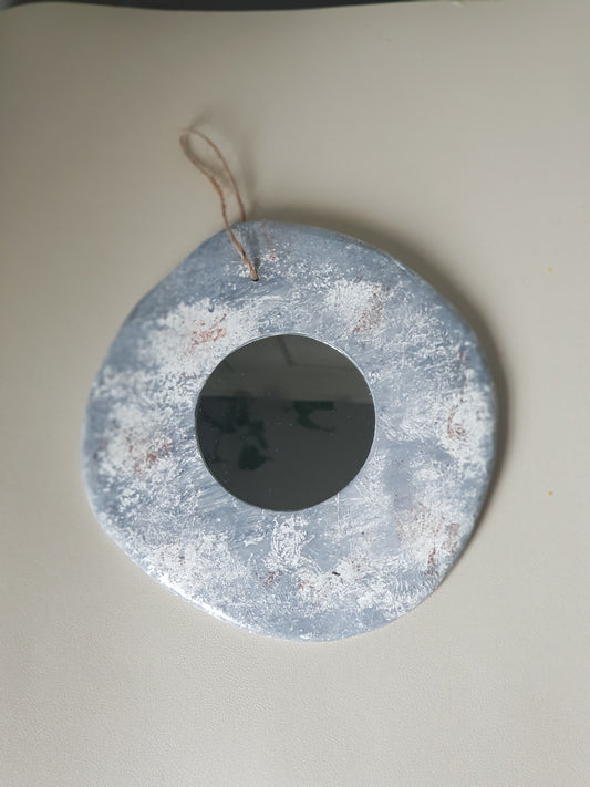 Handmade Air Dry Clay Mirror - Twine Hung, Rustic Stone-Like Grey