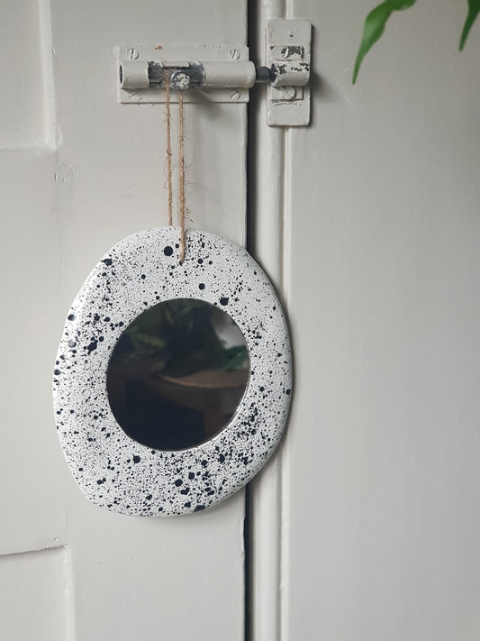 Handmade Air Dry Clay Mirror - Twine Hung, White with Black Droplets