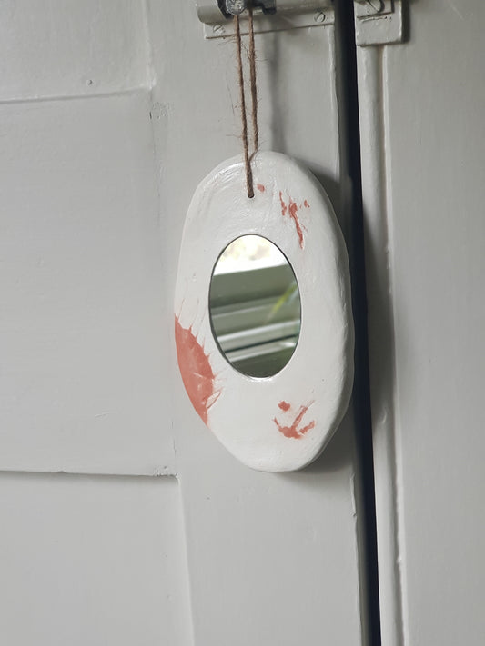 Handmade Air Dry Clay Mirror - Twine Hung, White with Terracotta