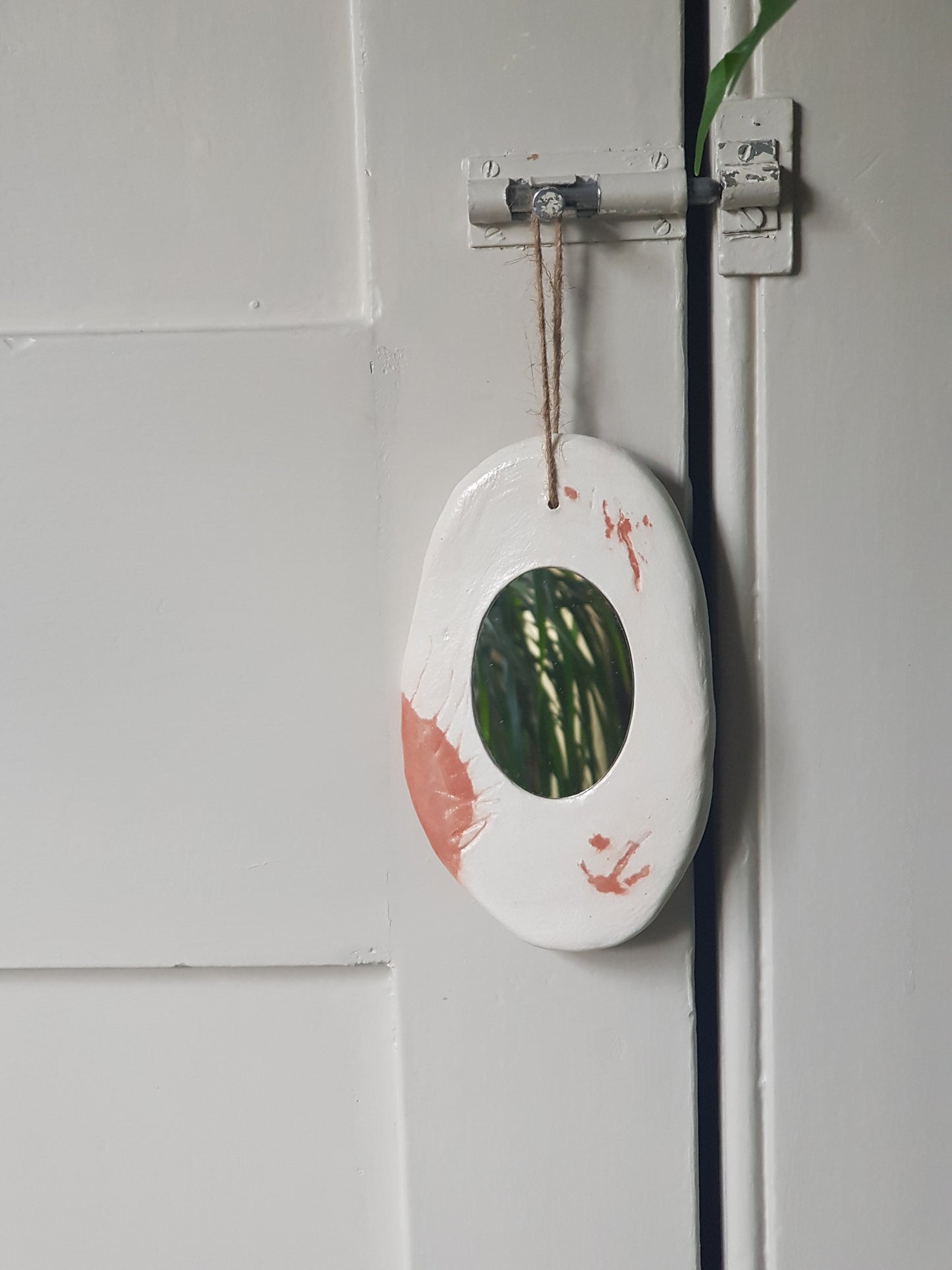 Handmade Air Dry Clay Mirror - Twine Hung, White with Terracotta