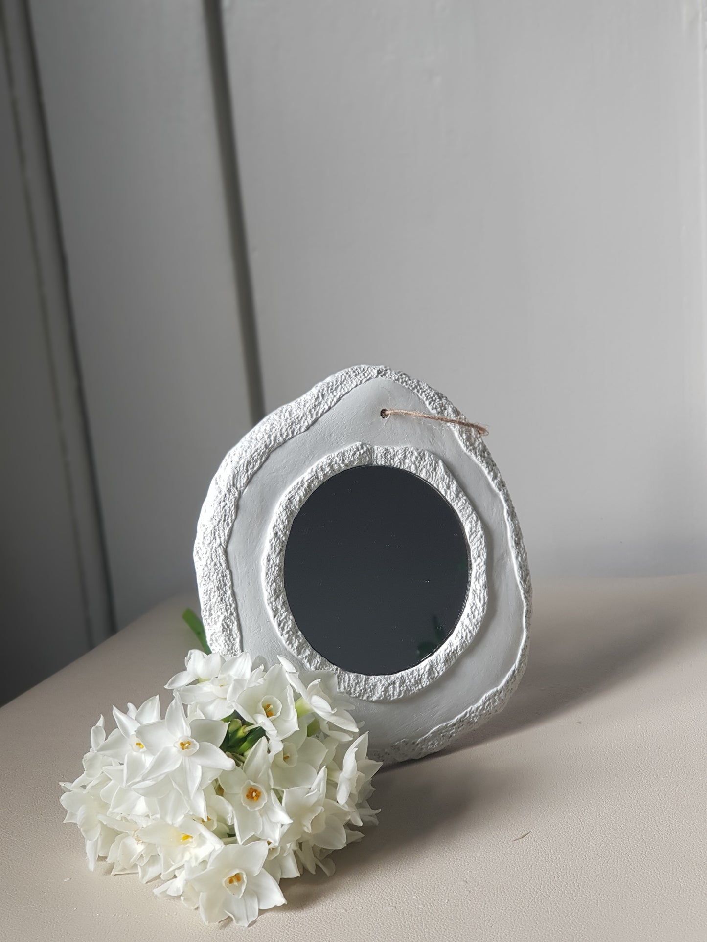Handmade Air Dry Clay Mirror - Twine Hung, Natural White