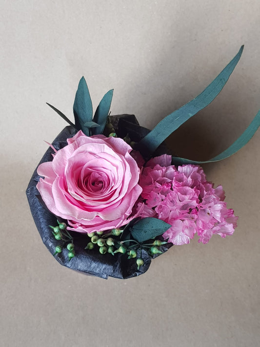 Preserved Pink Rose & Dried Flower Arrangement in Handmade Air Dry Clay Pot