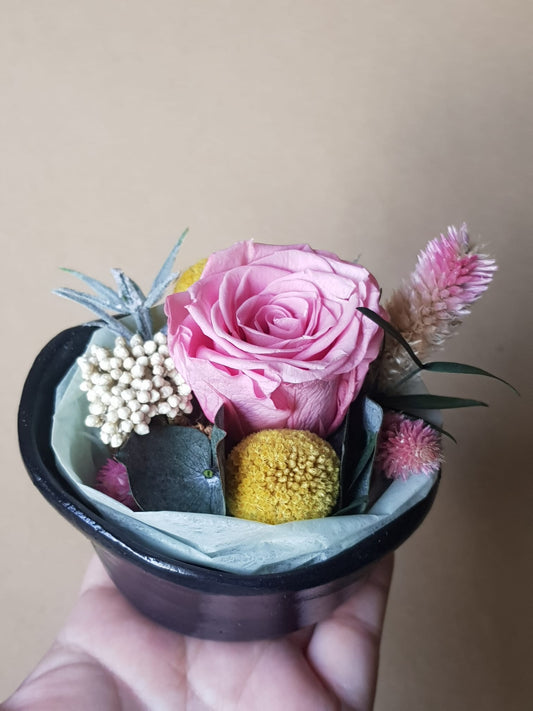 Preserved Pink Rose, Dried and Artificial Flower Arrangement in Handmade Air Dry Clay Pot