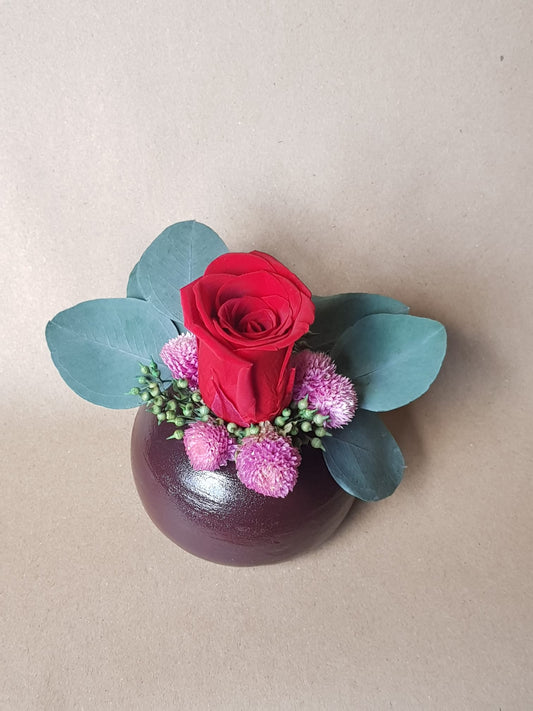 Preserved Red Rose & Dried Flower Arrangement in Handmade Air Dry Clay Pot