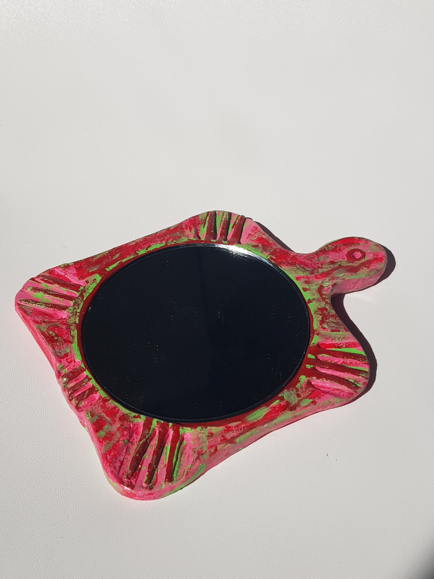 Handmade Air Dry Clay Mirror - Twine Hung, Pink Green Rustic