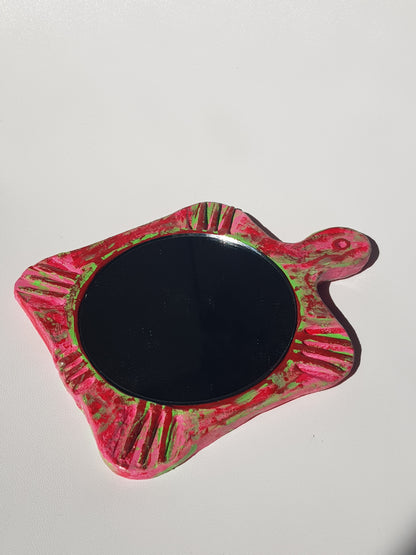 Handmade Air Dry Clay Mirror - Twine Hung, Pink Green Rustic