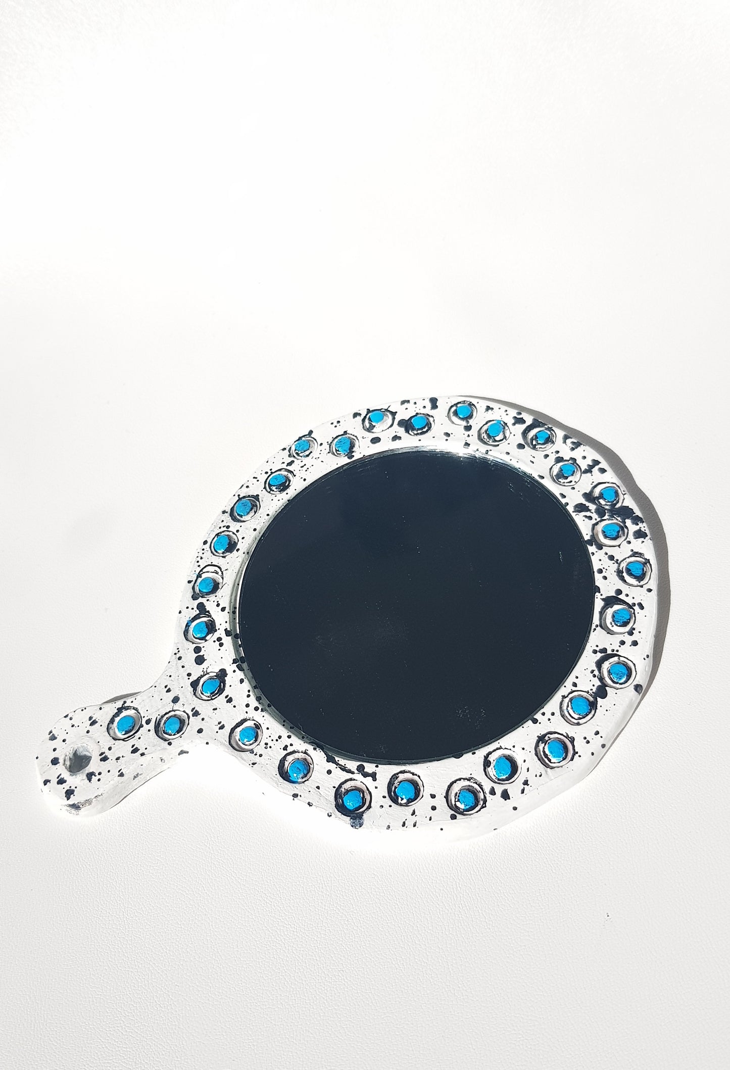 Handmade Air Dry Clay Mirror - Twine Hung, White with Blue Accents