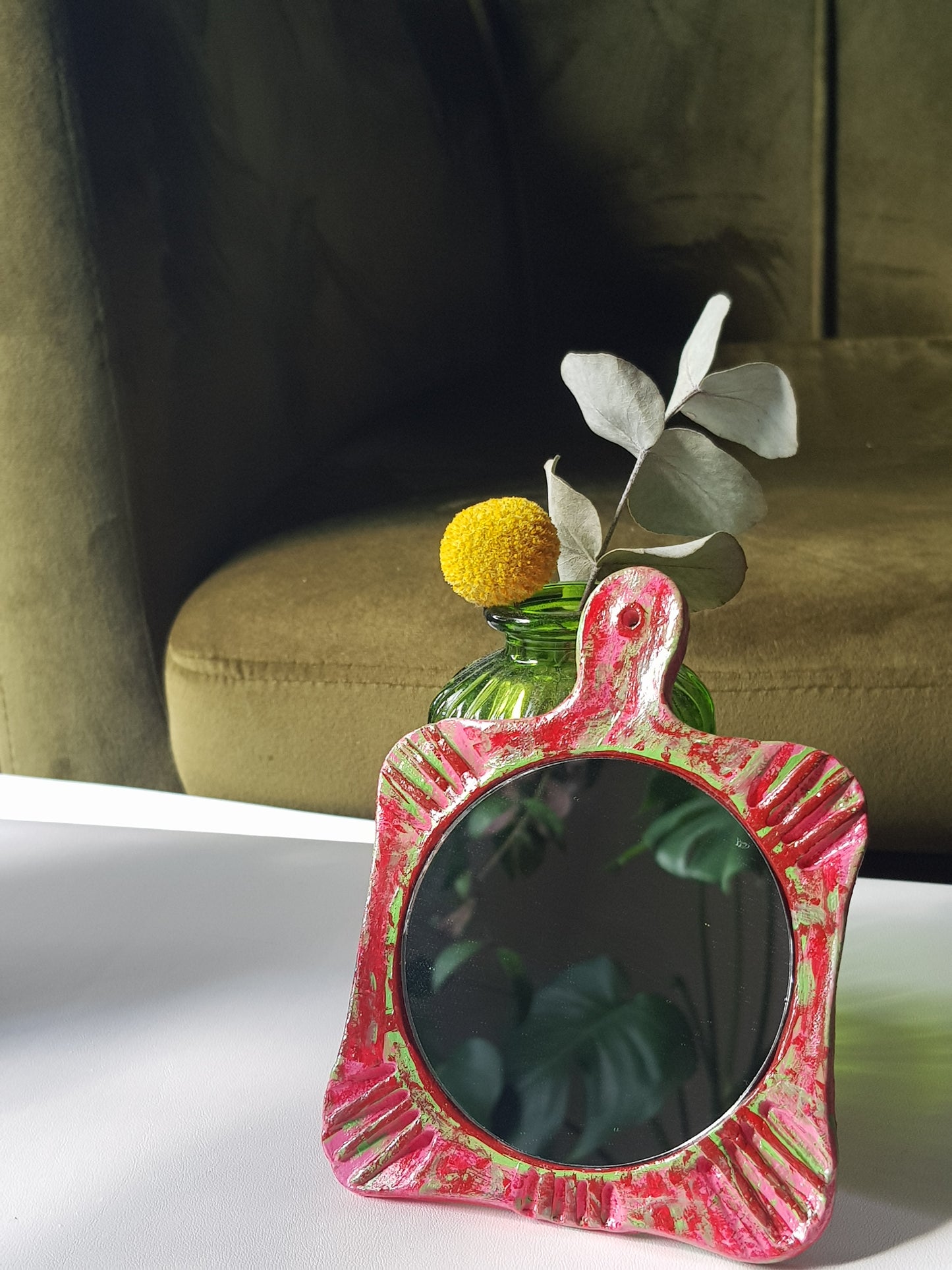 Handmade Air Dry Clay Mirror - Twine Hung, Pink Green Rustic