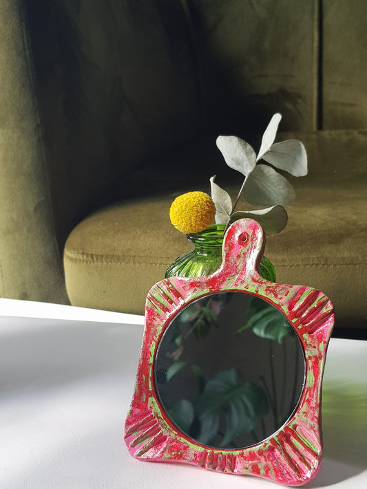 Handmade Air Dry Clay Mirror - Twine Hung, Pink Green Rustic