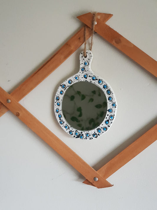 Handmade Air Dry Clay Mirror - Twine Hung, White with Blue Accents