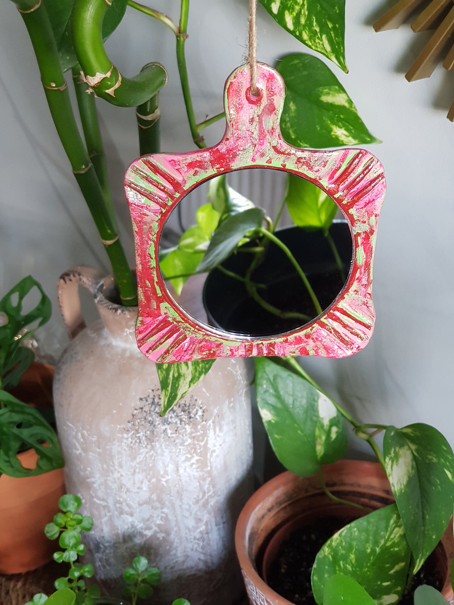 Handmade Air Dry Clay Mirror - Twine Hung, Pink Green Rustic