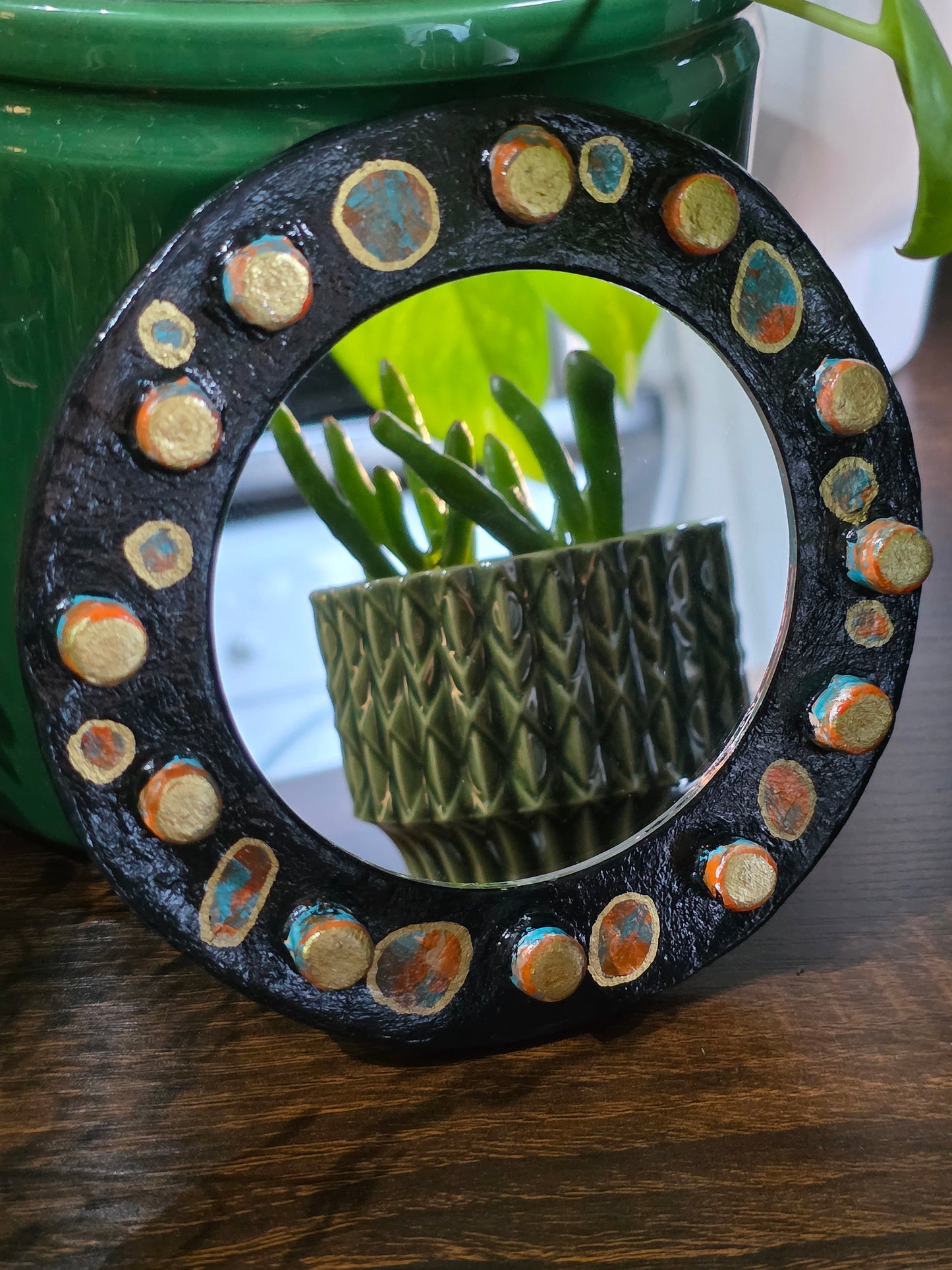 Handmade Air Dry Clay Mirror - Magnetic Mount, Black Gold