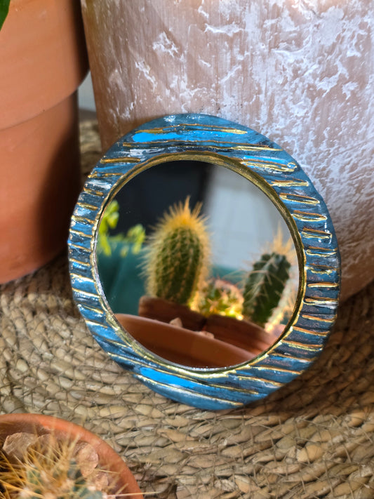 Handmade Air Dry Clay Mirror - Magnetic Mount, Blue Gold