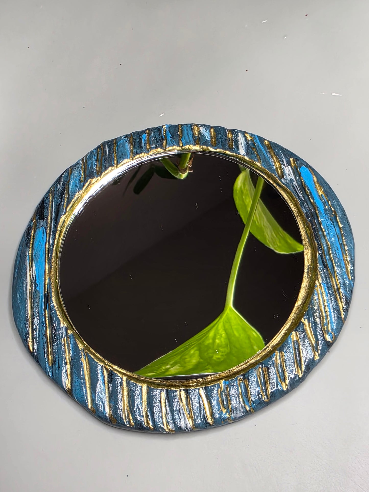 Handmade Air Dry Clay Mirror - Magnetic Mount, Blue Gold