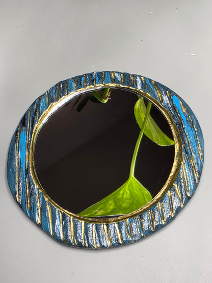 Handmade Air Dry Clay Mirror - Magnetic Mount, Blue Gold