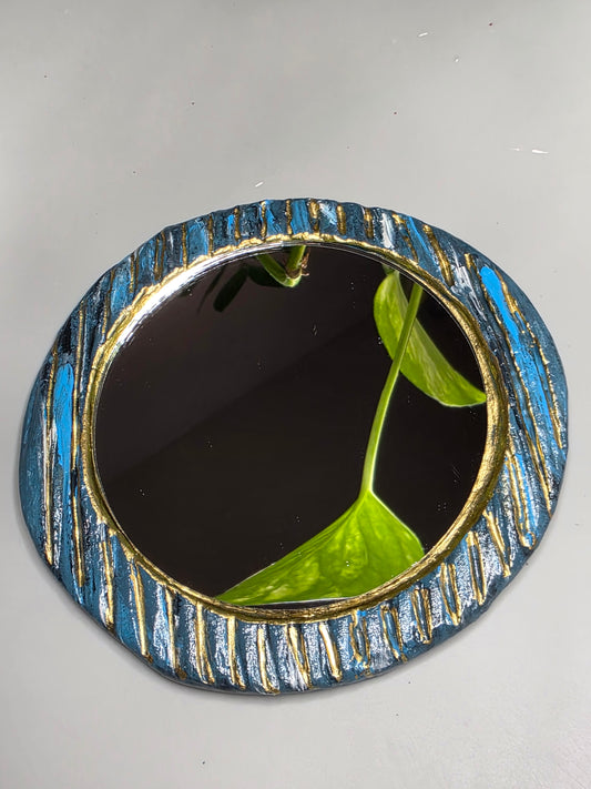 Handmade Air Dry Clay Mirror - Magnetic Mount, Blue Gold