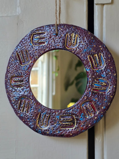 Handmade Air Dry Clay Mirror - Twine Hung, Purple Blue with Gold Symbol Accents