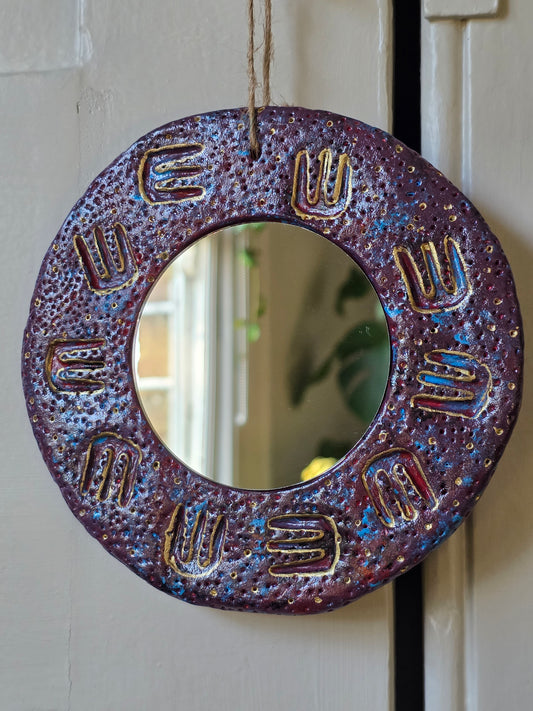 Handmade Air Dry Clay Mirror - Twine Hung, Purple Blue with Gold Symbol Accents