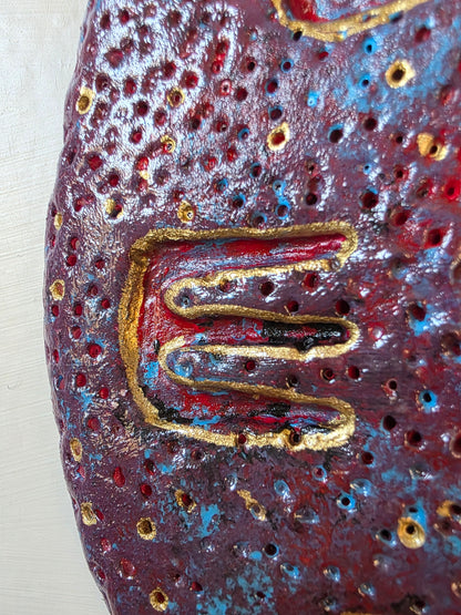 Handmade Air Dry Clay Mirror - Twine Hung, Purple Blue with Gold Symbol Accents