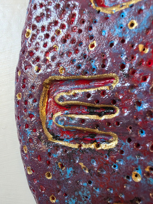 Handmade Air Dry Clay Mirror - Twine Hung, Purple Blue with Gold Symbol Accents