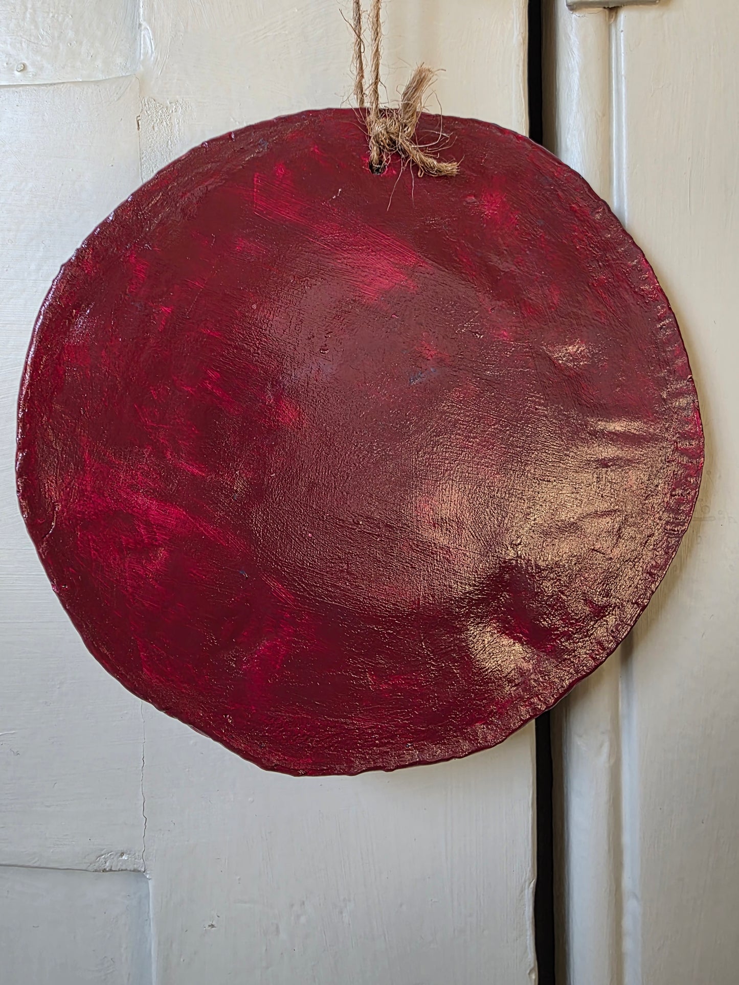 Handmade Air Dry Clay Mirror - Twine Hung, Purple Blue with Gold Symbol Accents