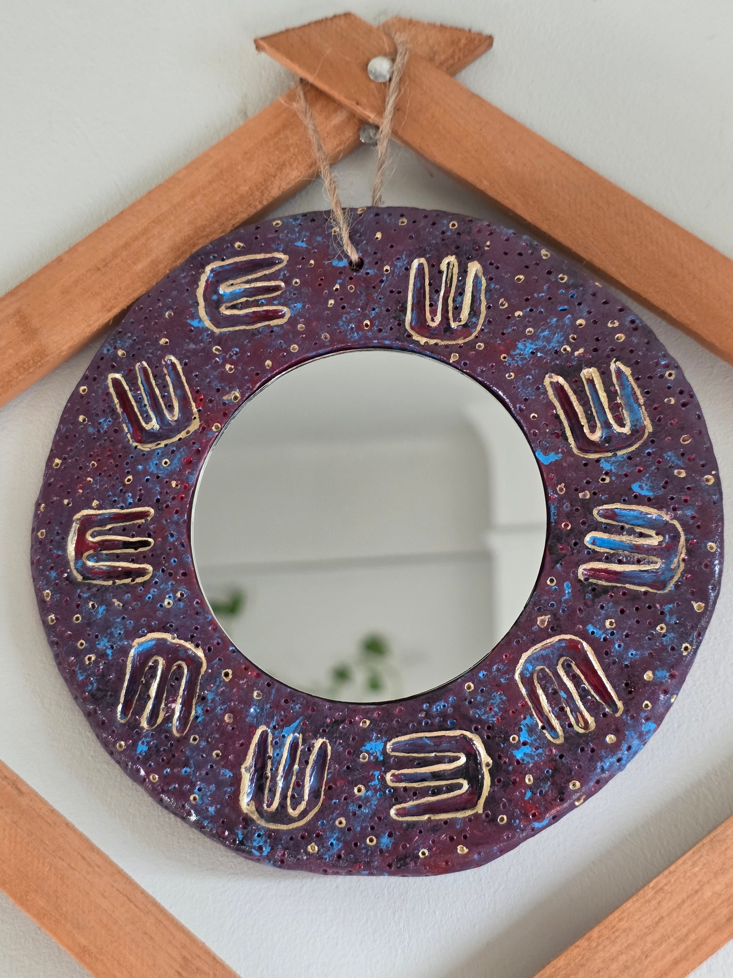 Handmade Air Dry Clay Mirror - Twine Hung, Purple Blue with Gold Symbol Accents