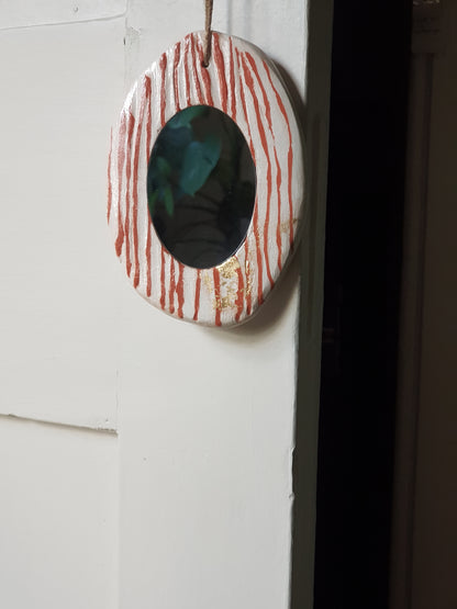 Handmade Air Dry Clay Mirror - Twine Hung, White with Terracotta Stripes
