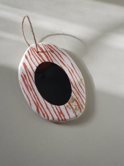 Handmade Air Dry Clay Mirror - Twine Hung, White with Terracotta Stripes