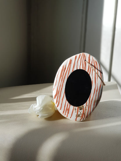 Handmade Air Dry Clay Mirror - Twine Hung, White with Terracotta Stripes