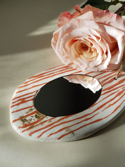 Handmade Air Dry Clay Mirror - Twine Hung, White with Terracotta Stripes