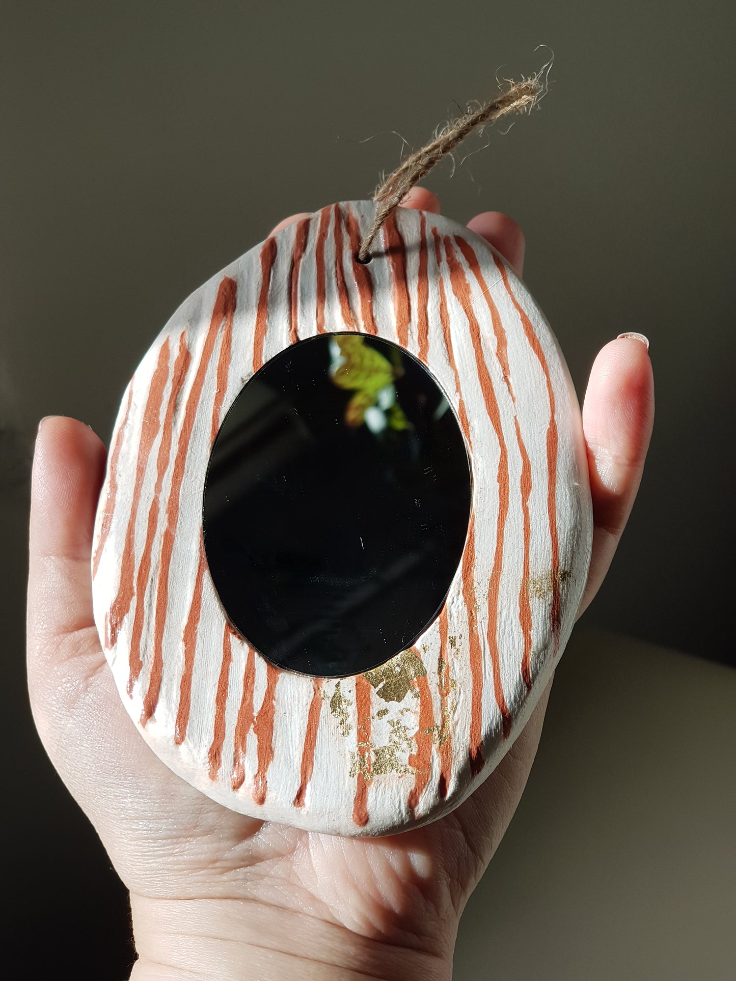 Handmade Air Dry Clay Mirror - Twine Hung, White with Terracotta Stripes