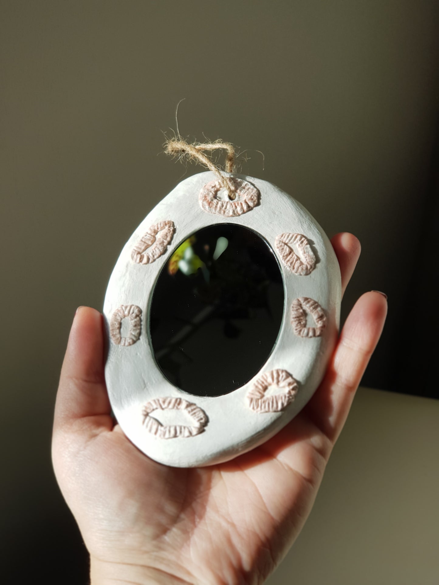 Handmade Air Dry Clay Mirror – Twine Hung, White with Terracotta Features