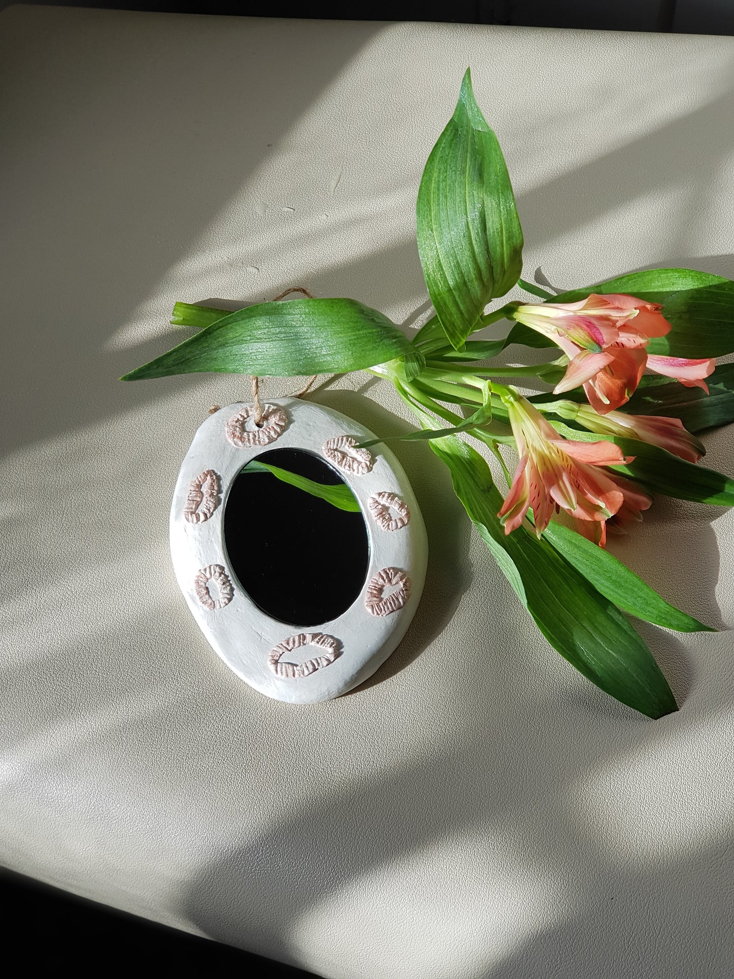 Handmade Air Dry Clay Mirror – Twine Hung, White with Terracotta Features