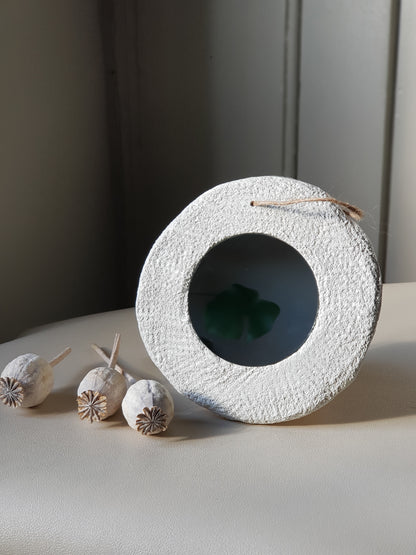 Handmade Air Dry Clay Mirror - Twine Hung, White Stone-Like Texture