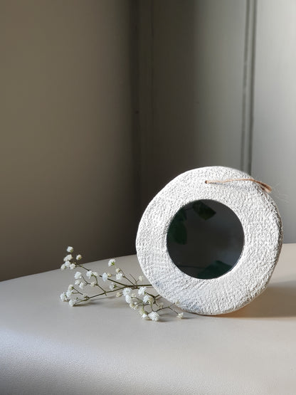 Handmade Air Dry Clay Mirror - Twine Hung, White Stone-Like Texture