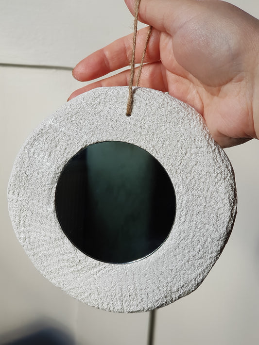 Handmade Air Dry Clay Mirror - Twine Hung, White Stone-Like Texture