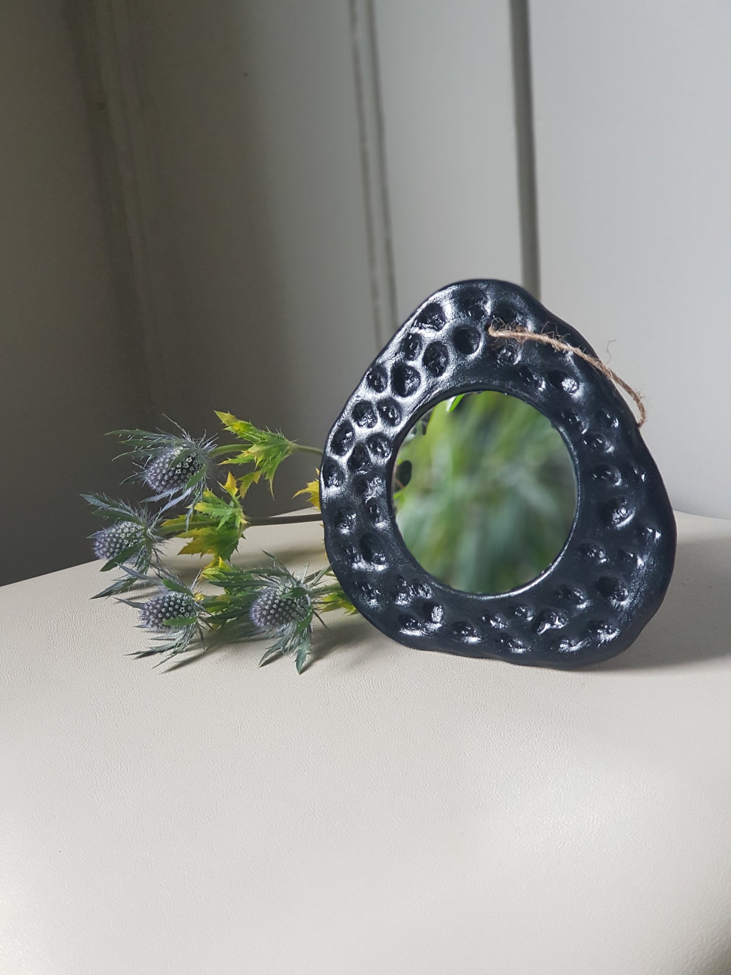 Handmade Air Dry Clay Mirror - Twine Hung, Black