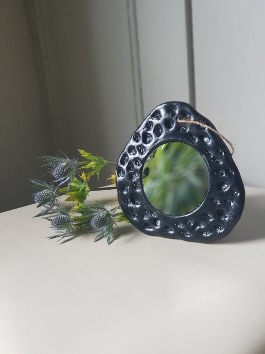 Handmade Air Dry Clay Mirror - Twine Hung, Black