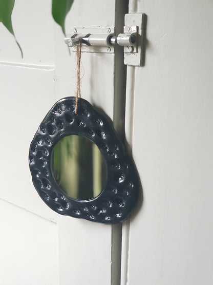 Handmade Air Dry Clay Mirror - Twine Hung, Black