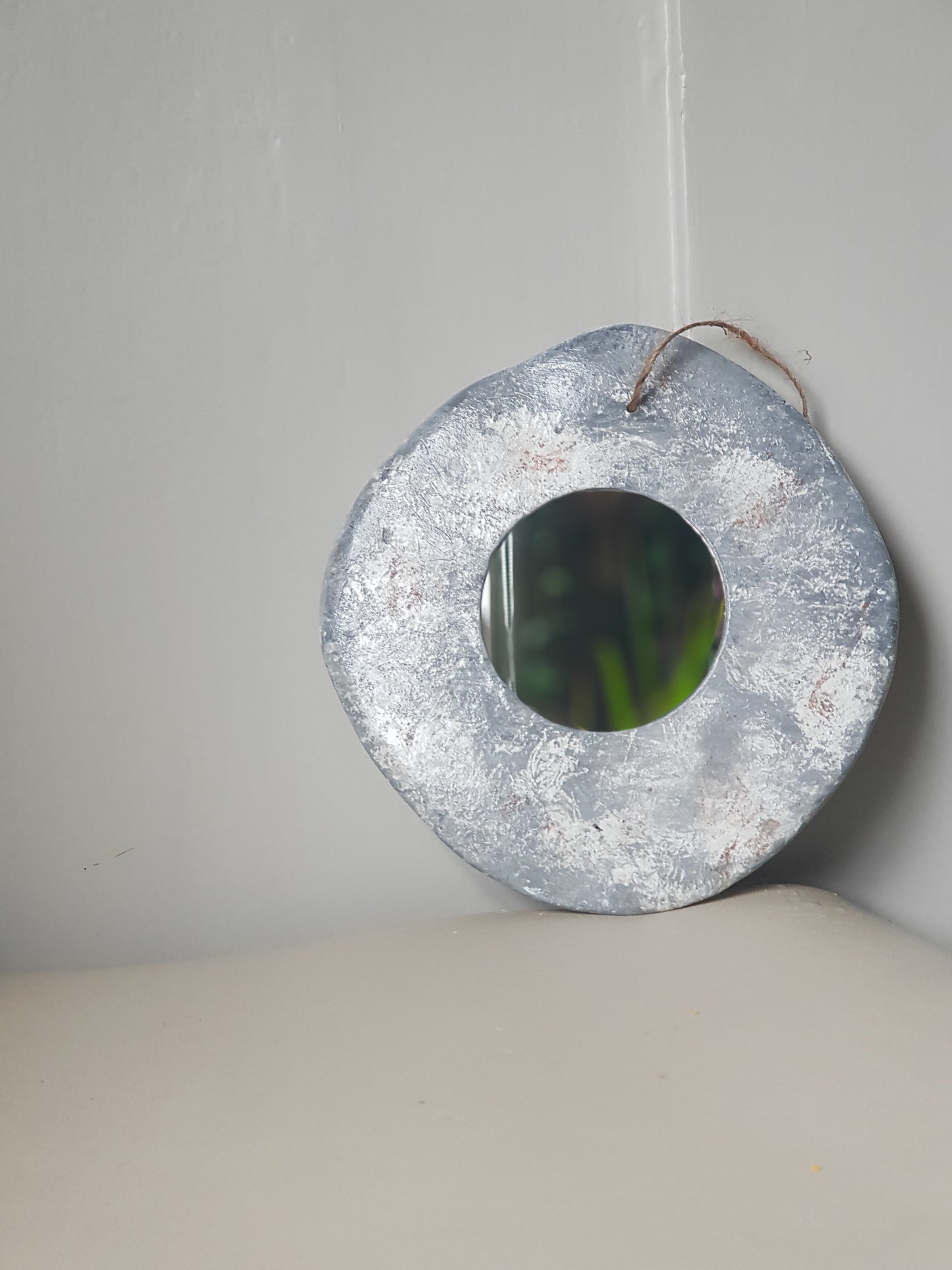Handmade Air Dry Clay Mirror - Twine Hung, Rustic Stone-Like Grey