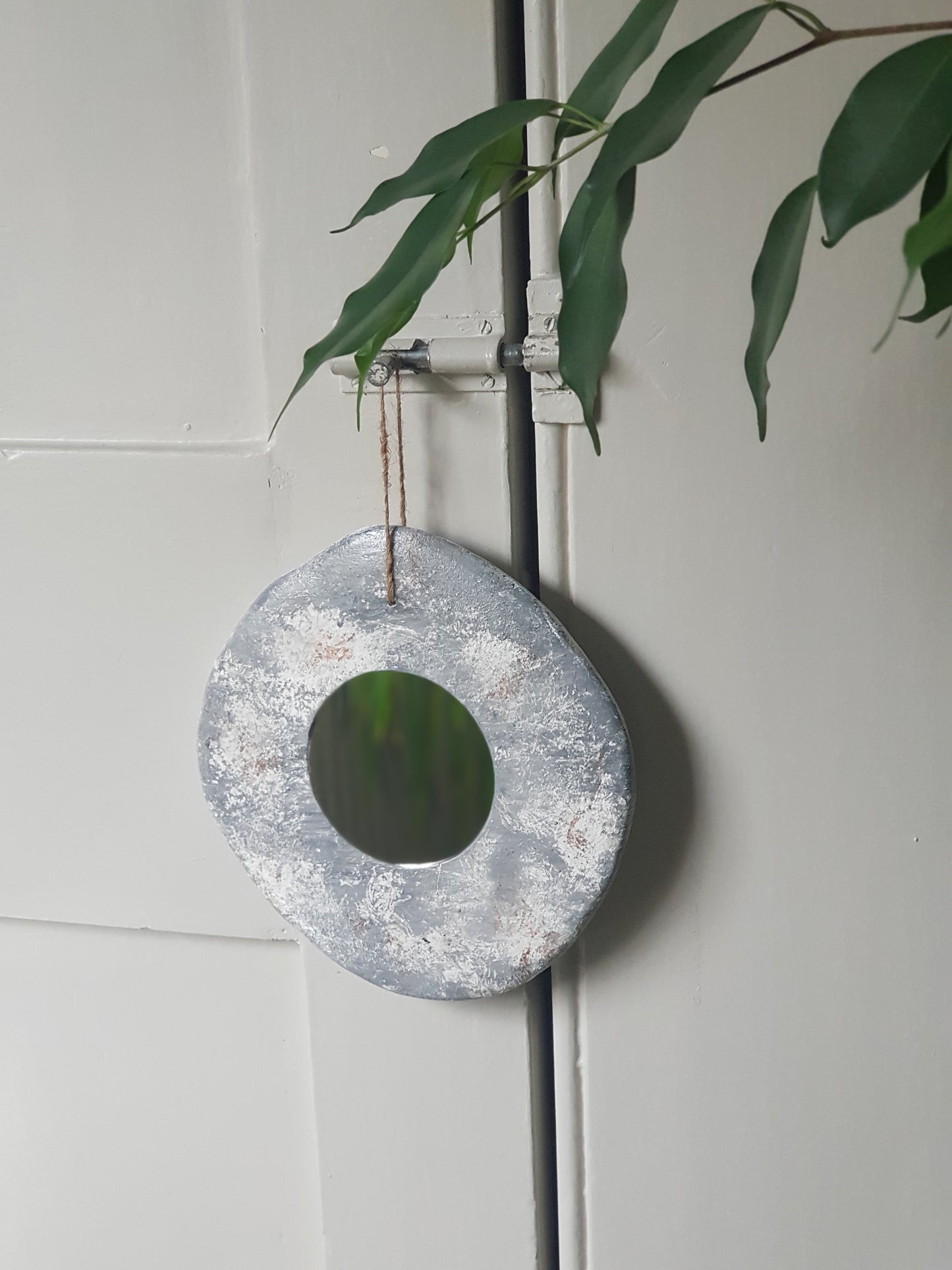 Handmade Air Dry Clay Mirror - Twine Hung, Rustic Stone-Like Grey