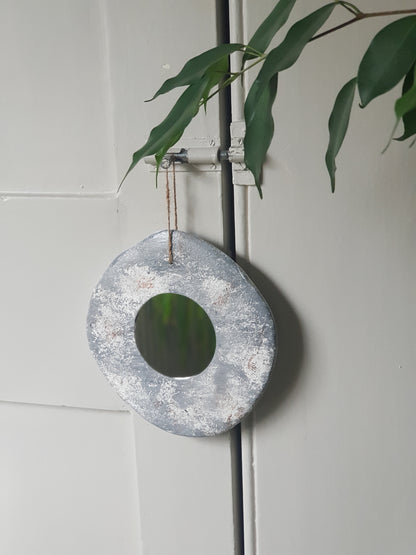 Handmade Air Dry Clay Mirror - Twine Hung, Rustic Stone-Like Grey