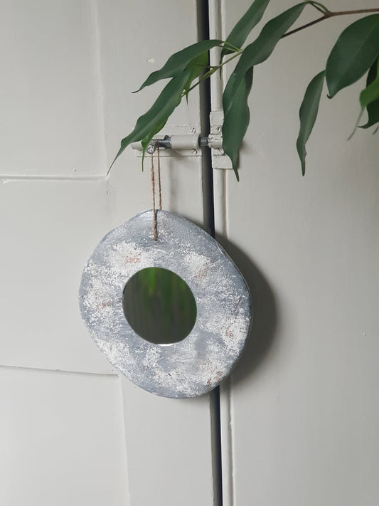 Handmade Air Dry Clay Mirror - Twine Hung, Rustic Stone-Like Grey