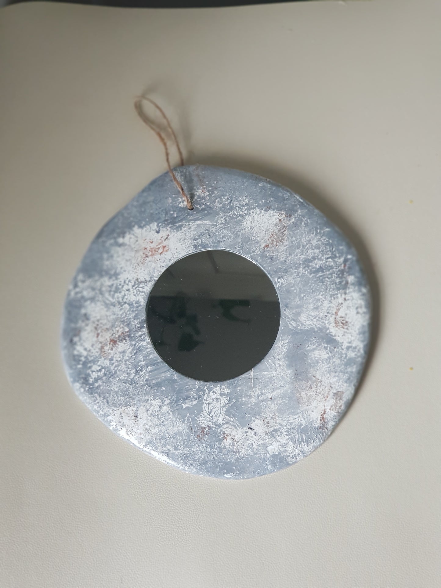 Handmade Air Dry Clay Mirror - Twine Hung, Rustic Stone-Like Grey