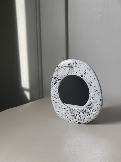 Handmade Air Dry Clay Mirror - Twine Hung, White with Black Droplets