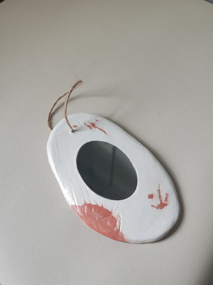 Handmade Air Dry Clay Mirror - Twine Hung, White with Terracotta