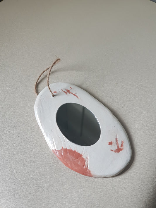 Handmade Air Dry Clay Mirror - Twine Hung, White with Terracotta